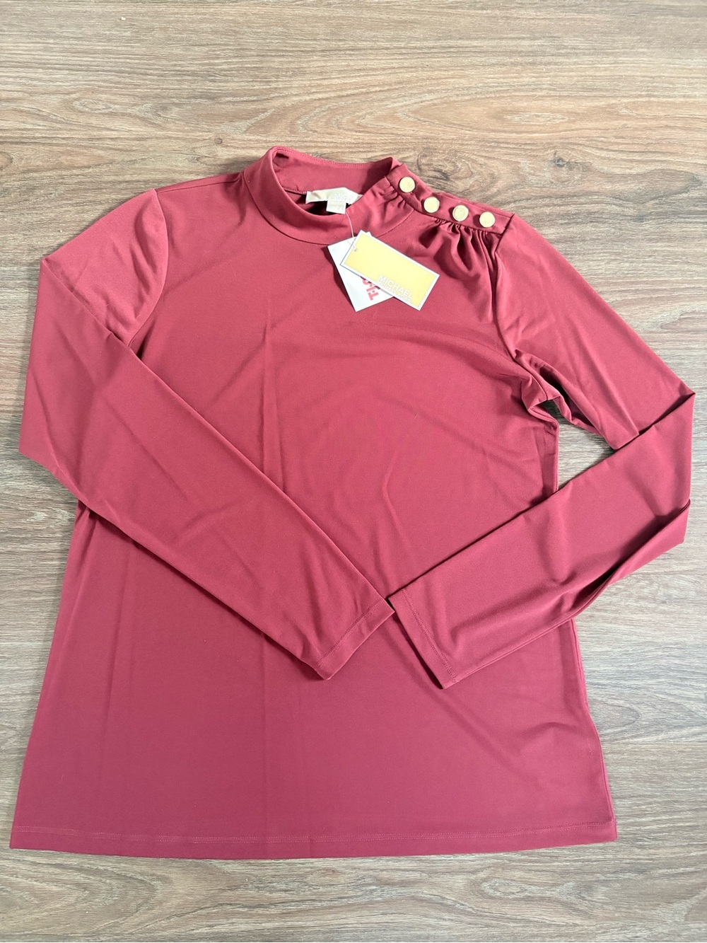 Michael Kors Dusty Rose Long Sleeve Mock Neck Top with Gold Shoulder Buttons